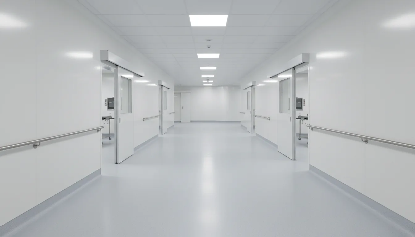 Clean white medical corridor with a seamless pale resin floor curving up into a coved base at the walls and sliding doors to procedure rooms