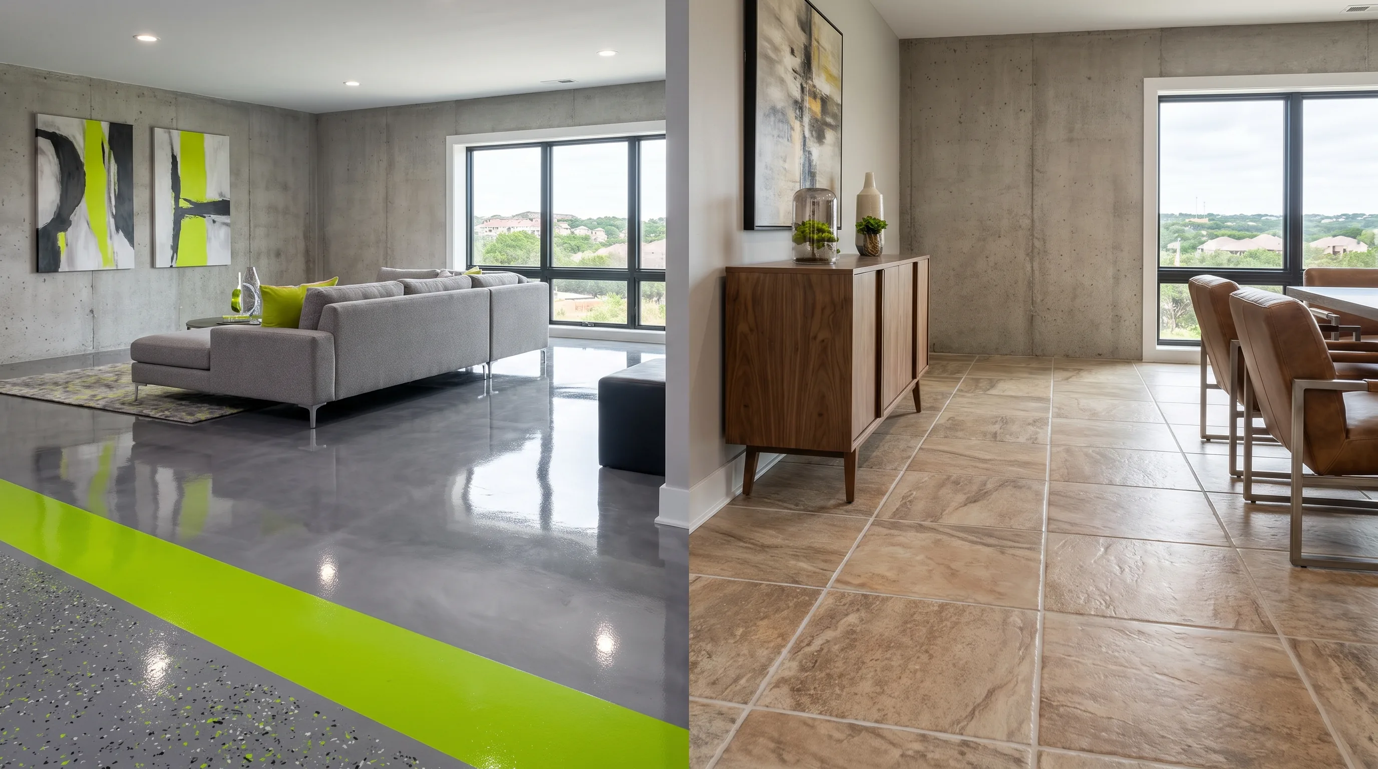 Basement floor comparison between epoxy coating and ceramic tile in San Antonio home