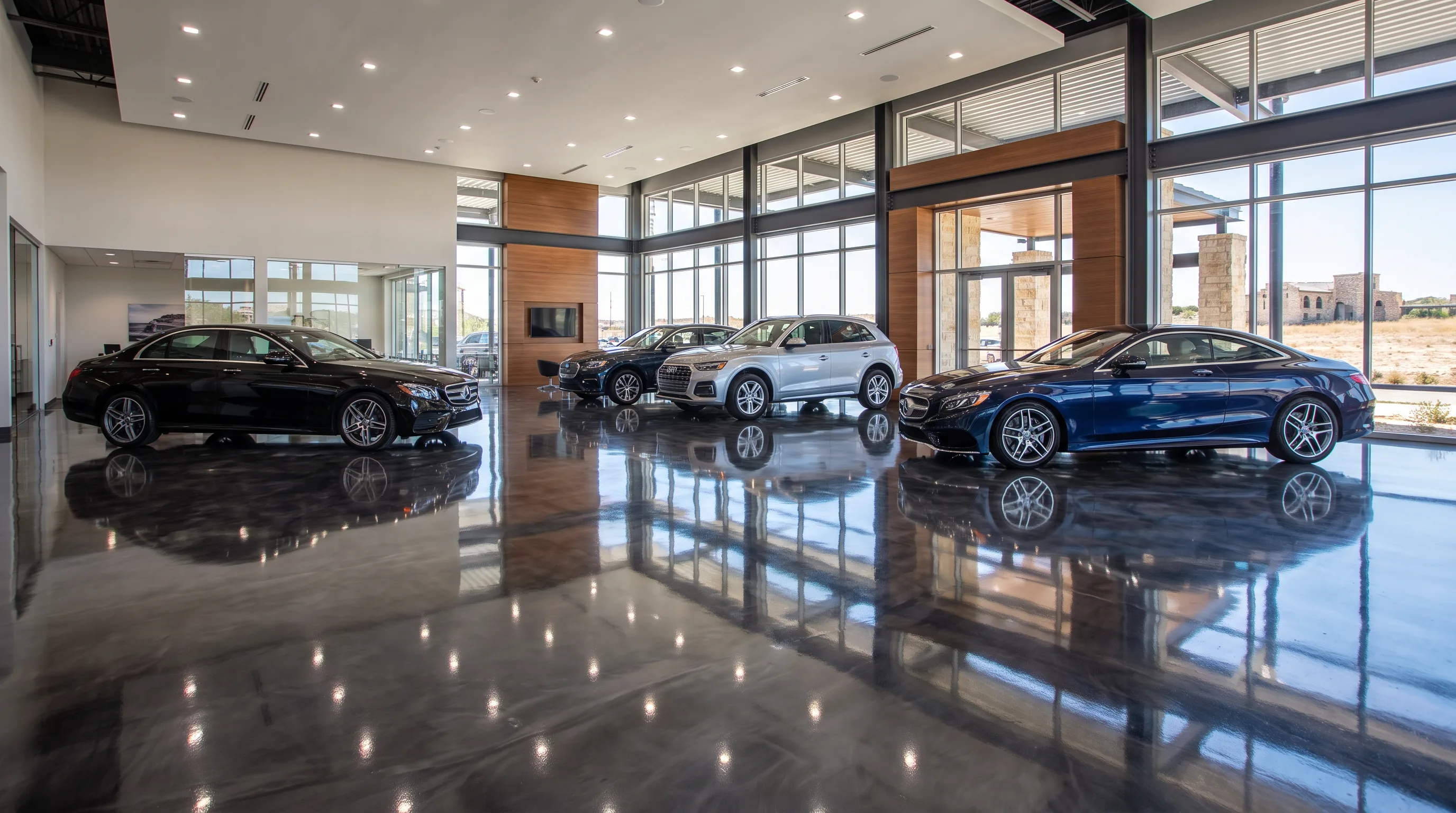 High gloss metallic epoxy showroom floor in a San Antonio car dealership