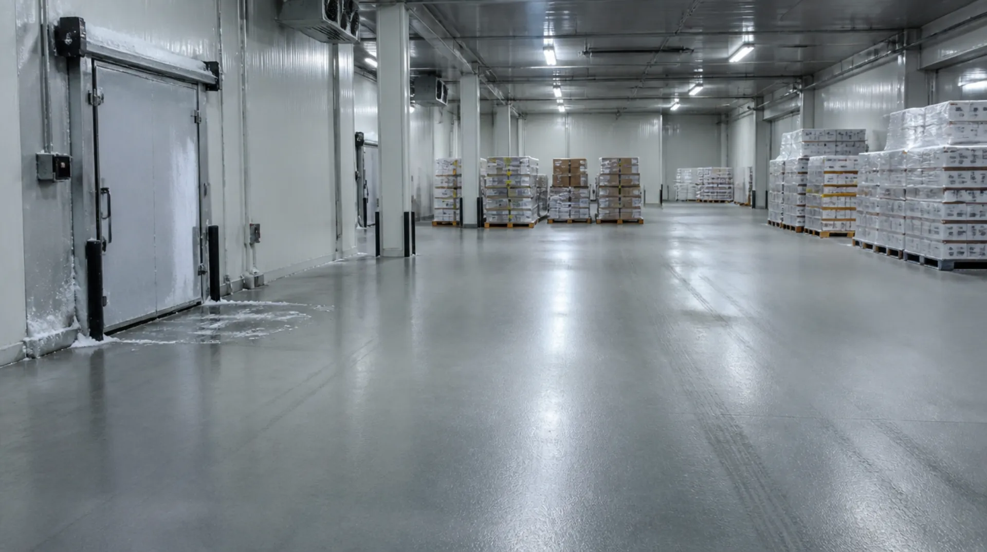 Cold storage warehouse flooring in San Antonio with frost near a freezer door and pallets of packaged goods