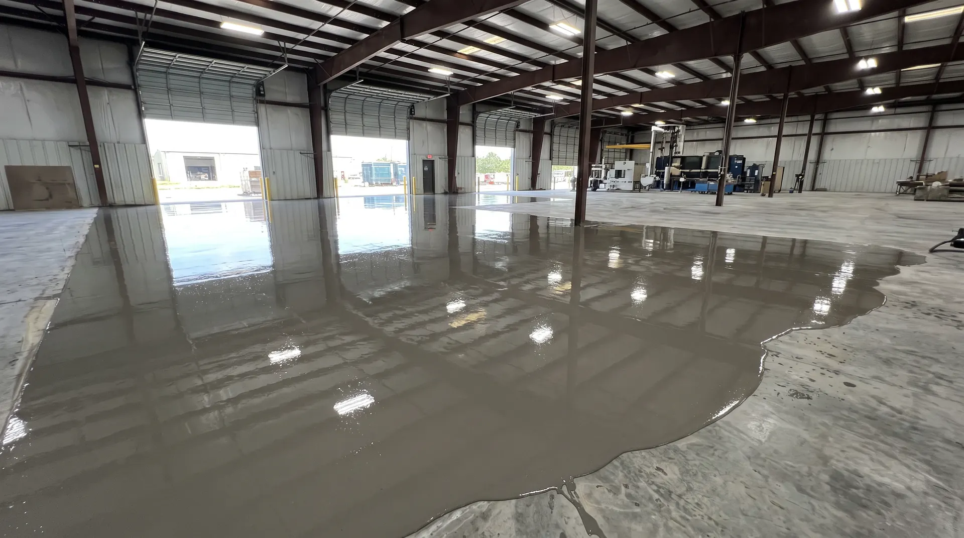 Self-leveling concrete compound being applied before epoxy coating in a San Antonio warehouse