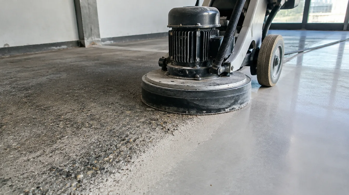 Planetary diamond grinder on a concrete floor, half ground to a prepared surface profile and half still rough, ready for epoxy coating