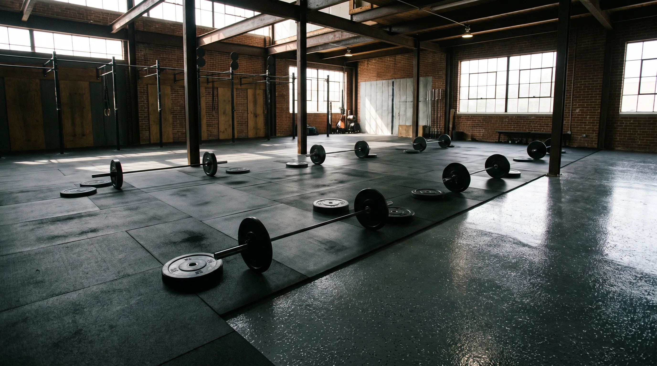 Heavy duty rubber CrossFit gym flooring built to withstand dropped weights in a San Antonio box