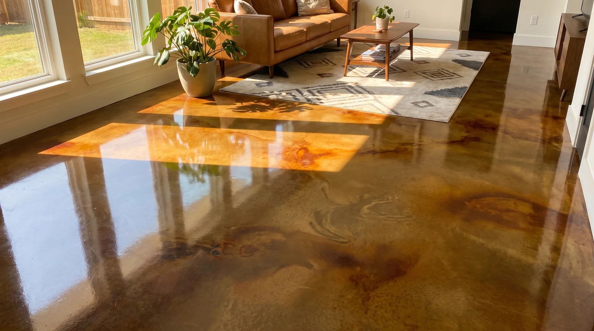 Decorative dyed and stained polished concrete floor in a San Antonio living room