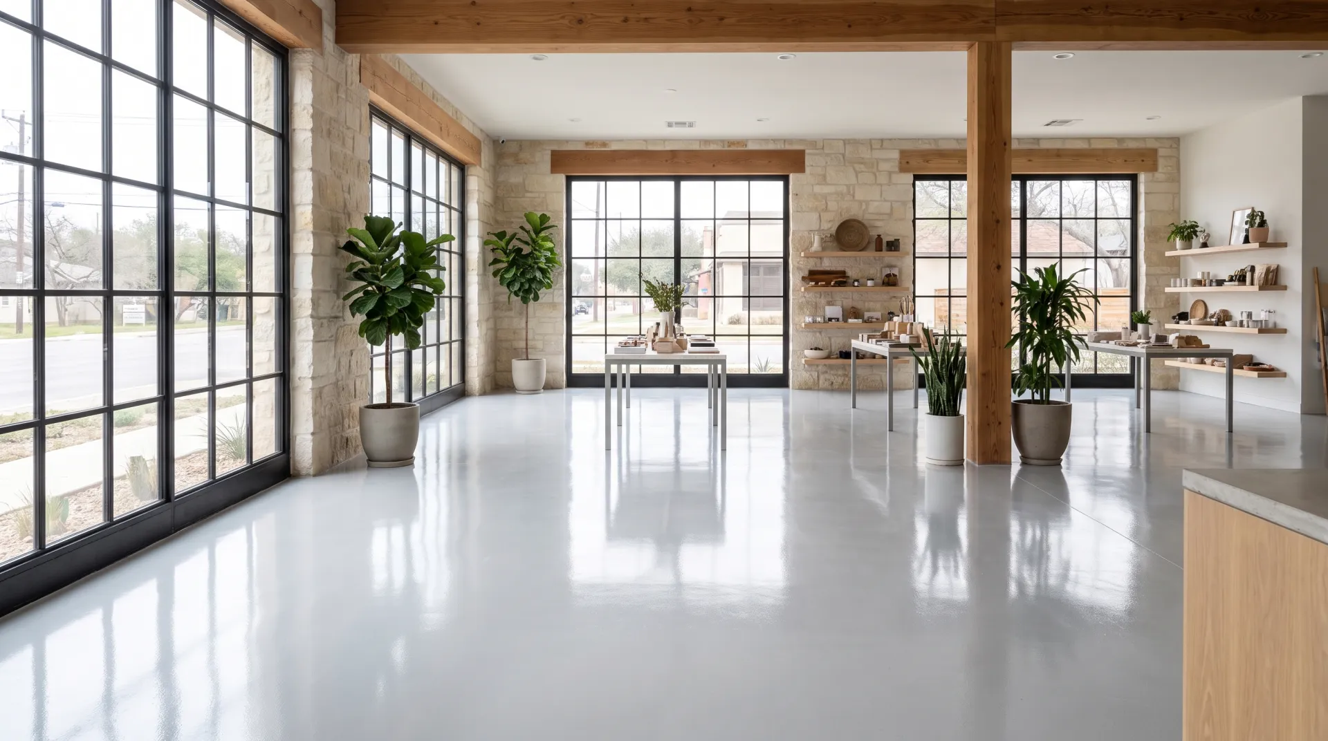 Commercial epoxy floor coating in a San Antonio business interior