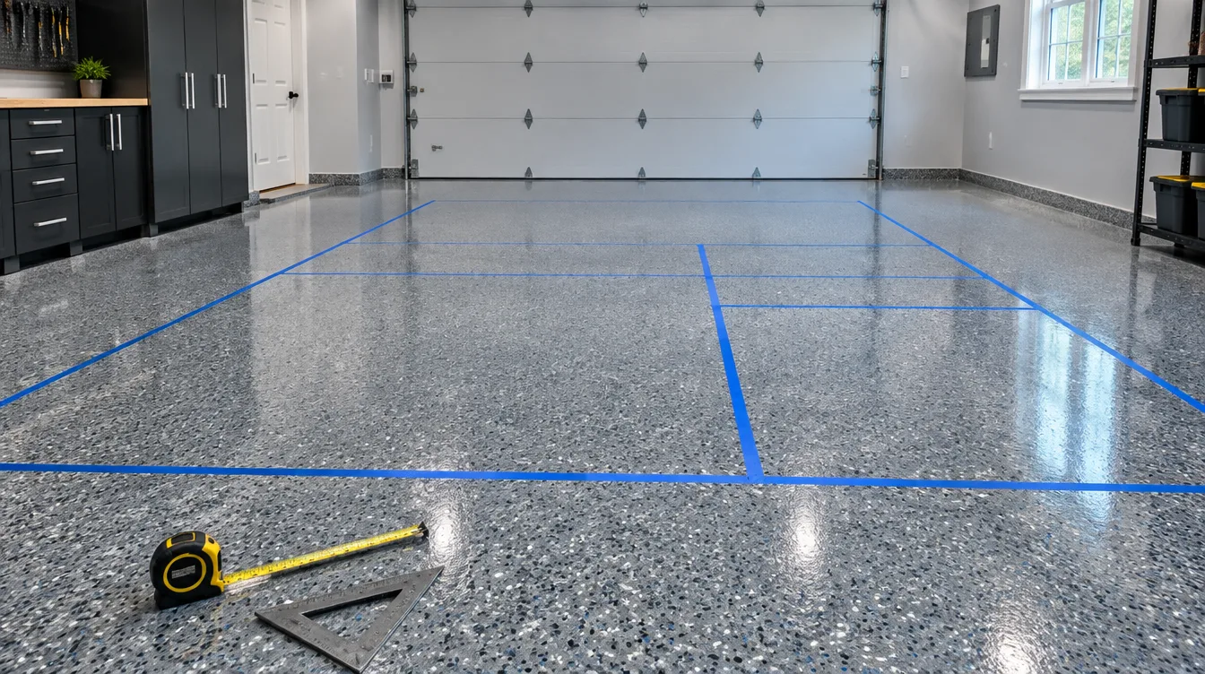Freshly installed gray flake epoxy garage floor in San Antonio with a tape measure and square on the surface, showing how floor area is measured for a cost quote