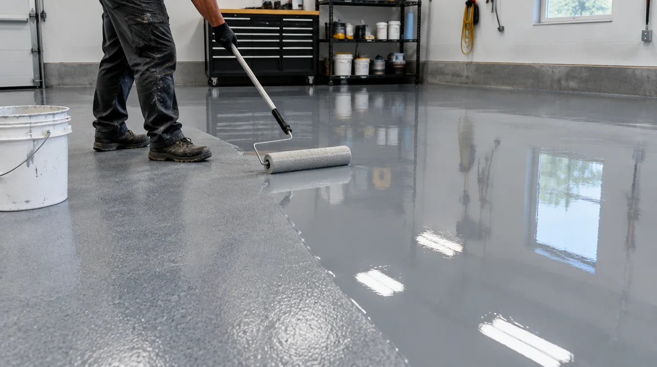 Crew member rolling a clear glossy top coat over a gray flake epoxy garage floor, the coated area deeper in sheen than the section ahead