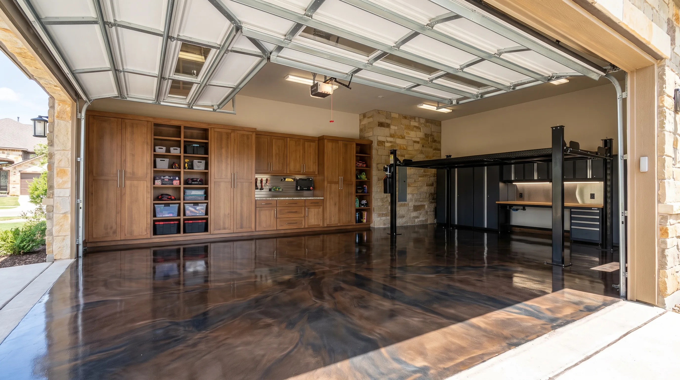 Glossy metallic epoxy garage floor in a Stone Oak San Antonio home
