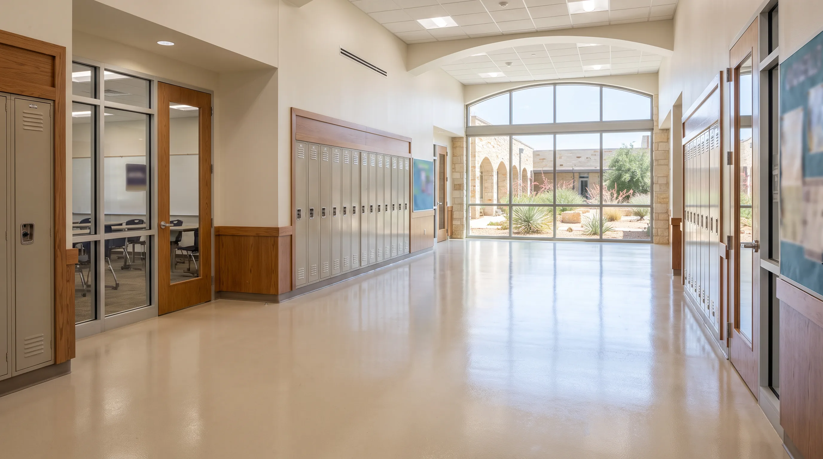 Durable epoxy flooring in a San Antonio university building hallway