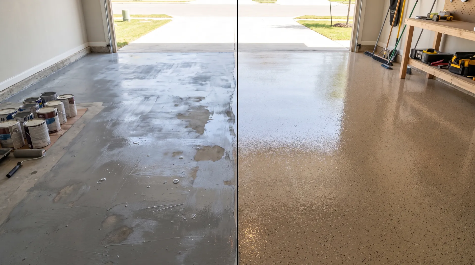 Split comparison of a DIY epoxy garage floor coating versus a professionally installed epoxy garage floor in San Antonio