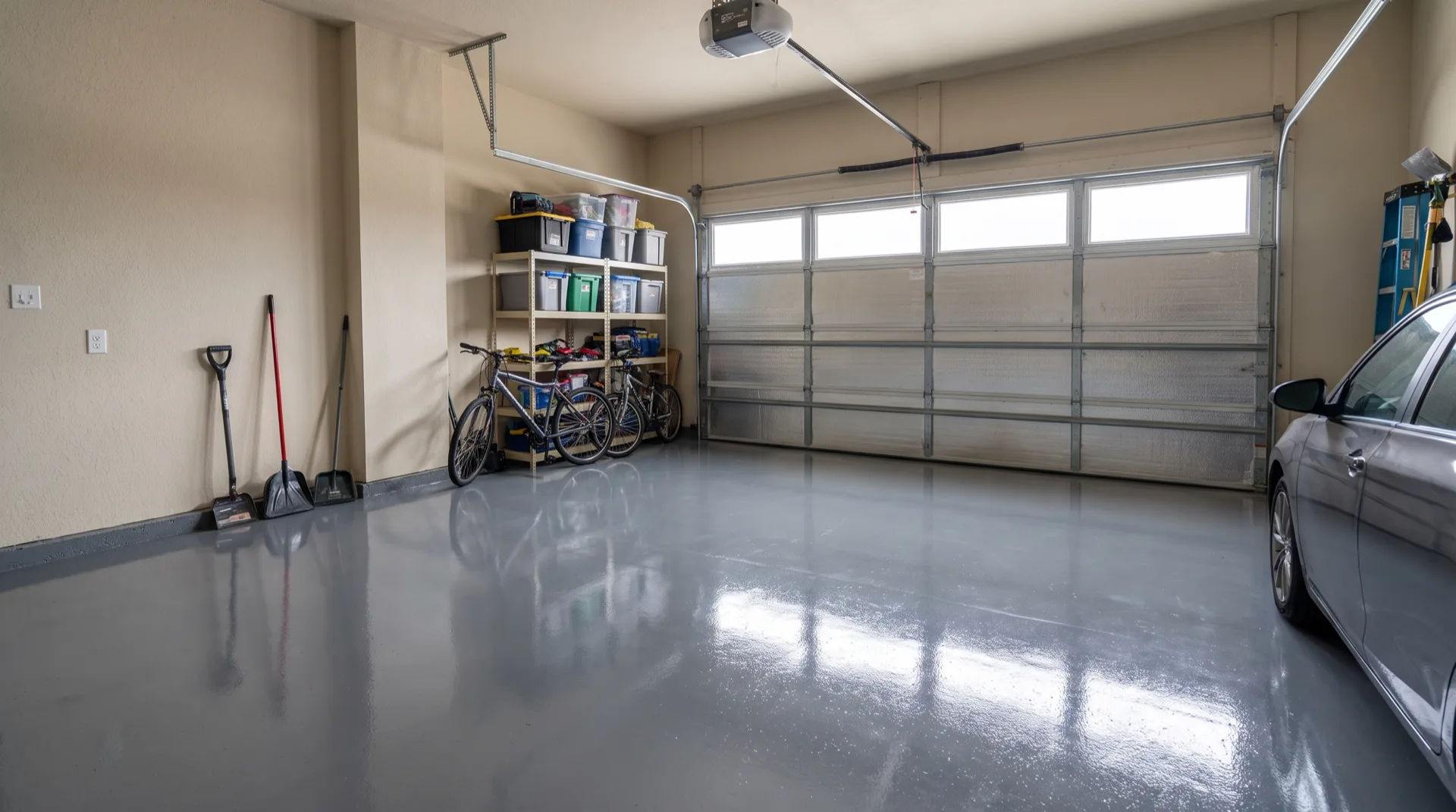 Finished epoxy garage floor in a San Antonio home built to resist freeze-thaw cracking