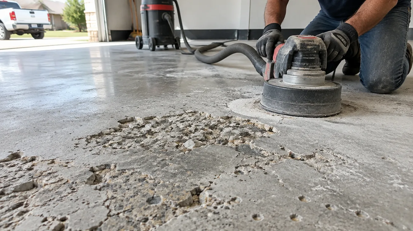 Installer grinding a damaged concrete garage floor with a dust-shrouded grinder beside a patch of spalled, pitted concrete