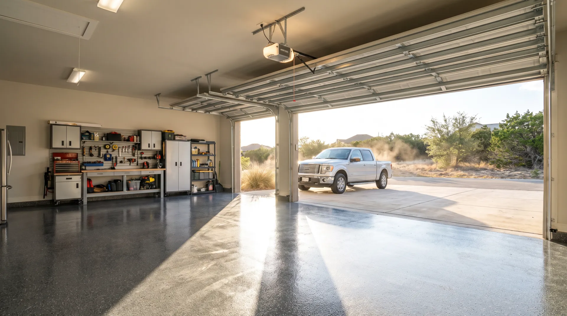 Glossy epoxy garage floor coating in a San Antonio home under bright afternoon heat