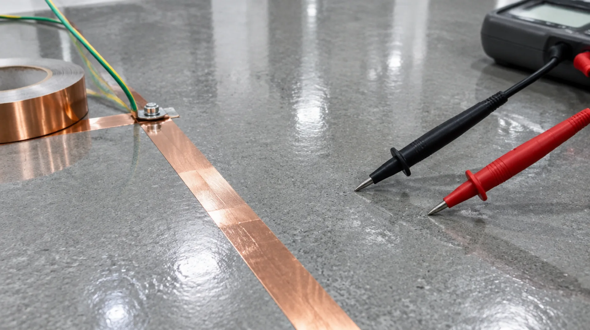 Copper grounding strip and multimeter test probes on a polished concrete floor, demonstrating how an ESD epoxy floor is grounded and resistance tested
