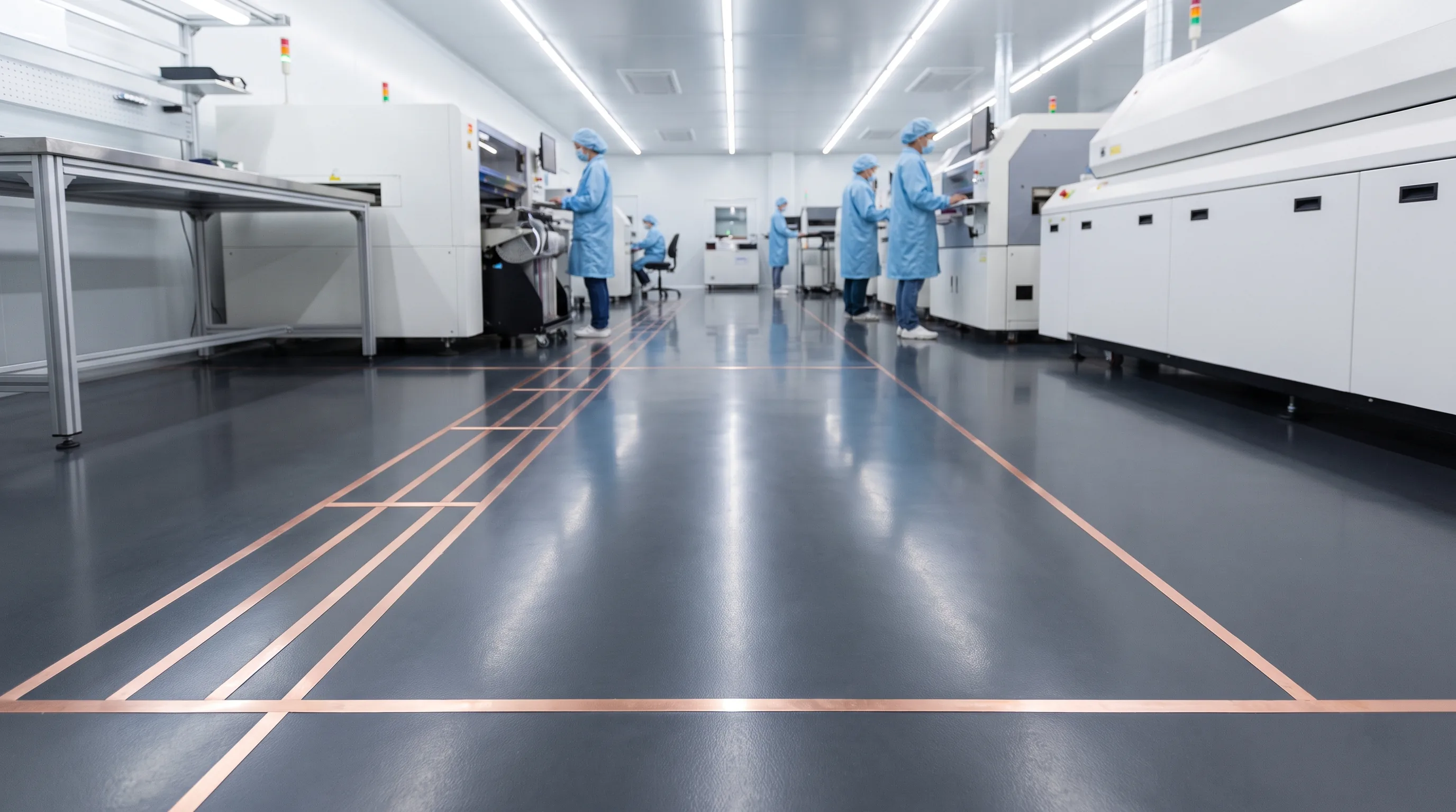 ESD anti-static epoxy flooring installed in a San Antonio electronics manufacturing facility with grounding strips