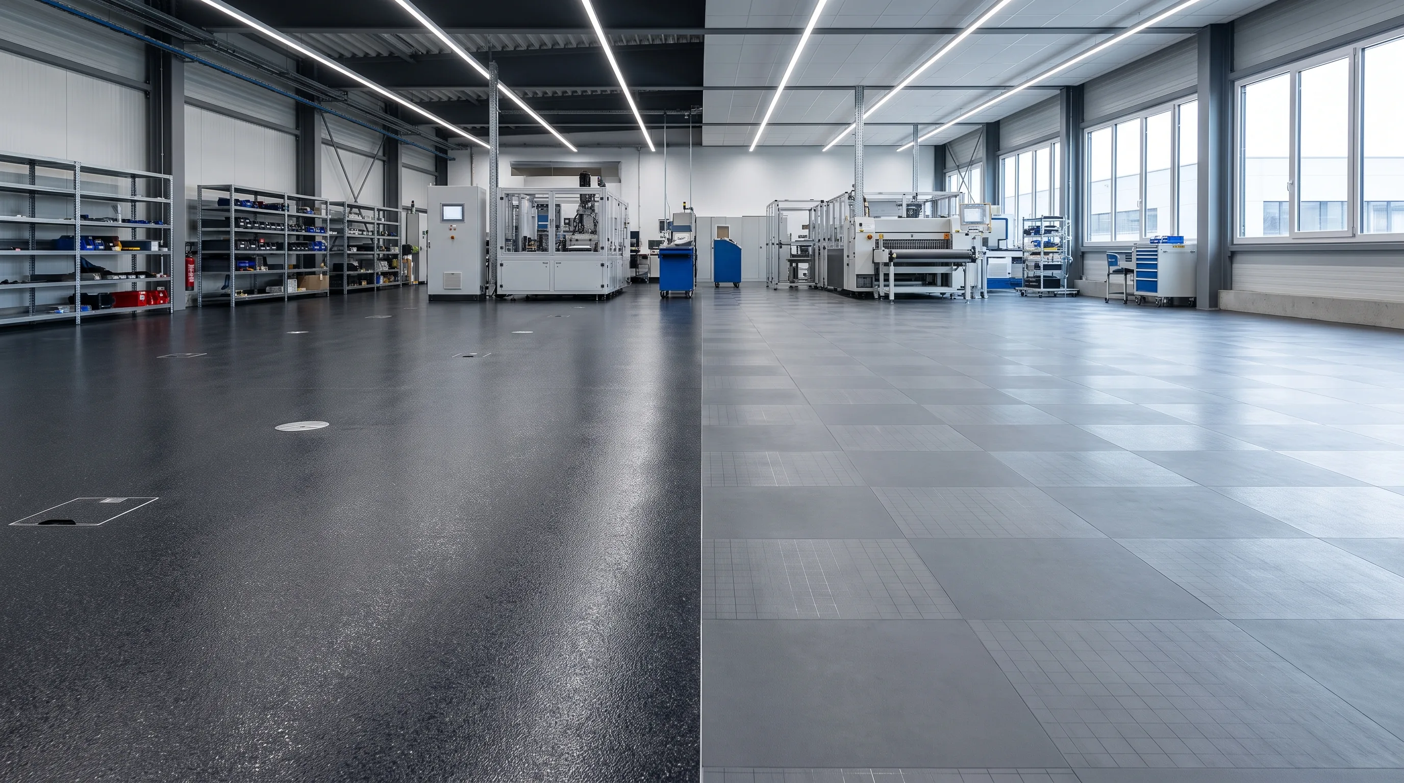 Side by side comparison of ESD epoxy flooring and conductive vinyl tile flooring in a San Antonio facility