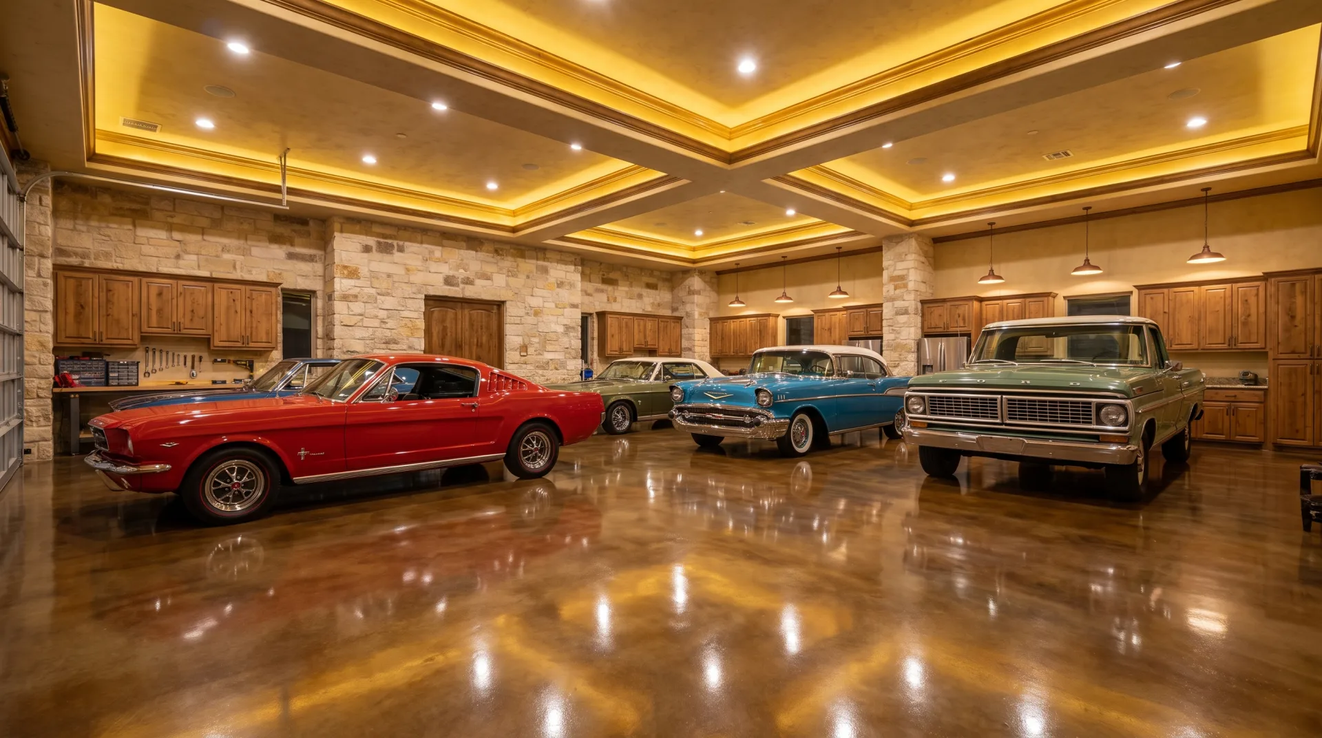 Luxury San Antonio garage with glossy epoxy floor showcasing a classic car collection
