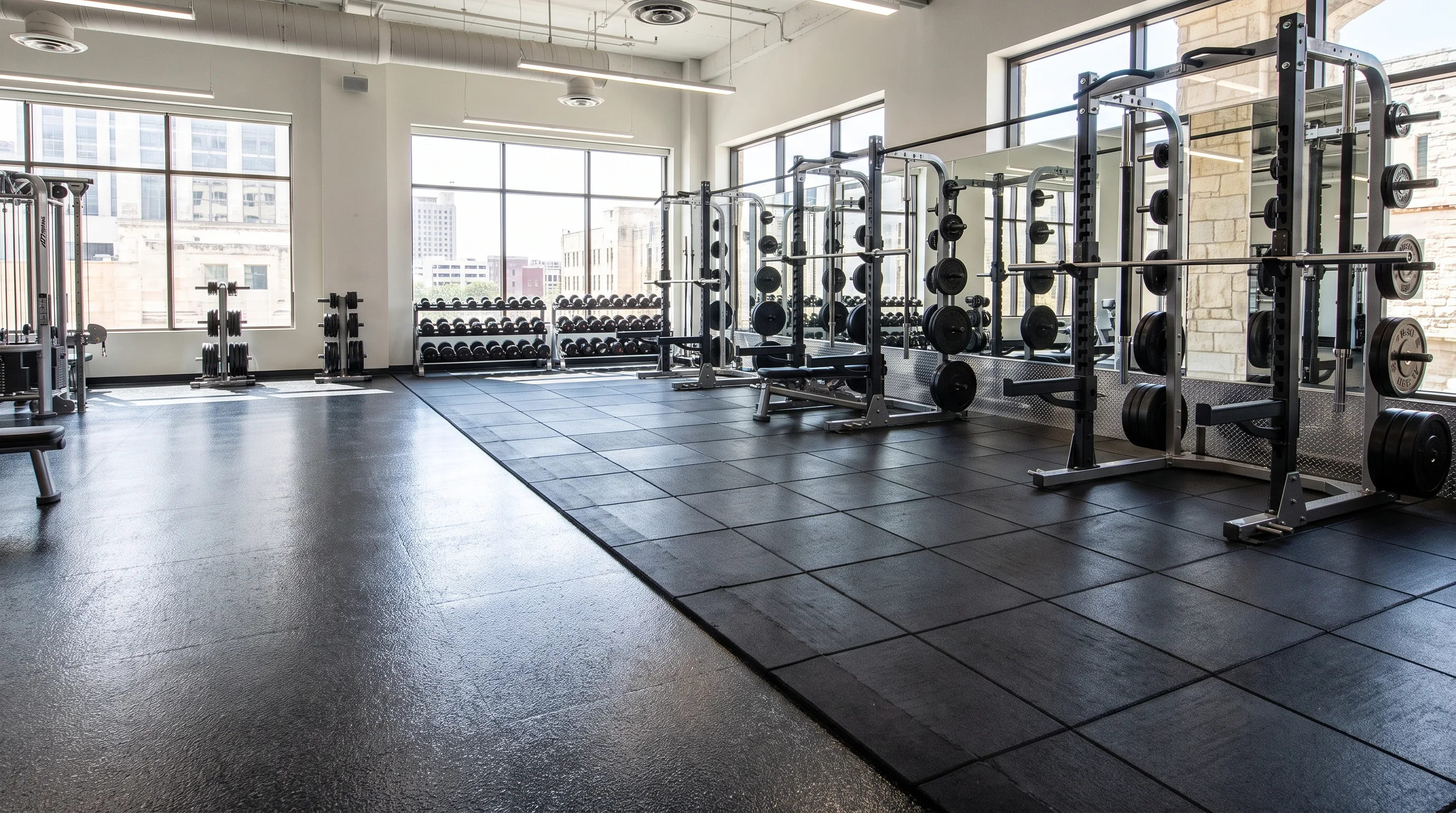 Fitness center floor split between epoxy and rubber flooring in a San Antonio gym