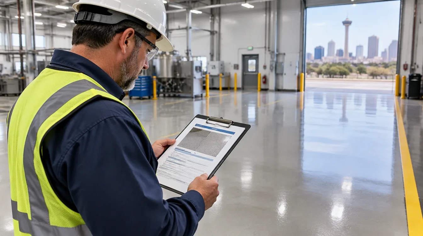 Facilities inspector in a hard hat and safety vest reviewing a floor specification on a clipboard in a San Antonio industrial building with a glossy resin floor
