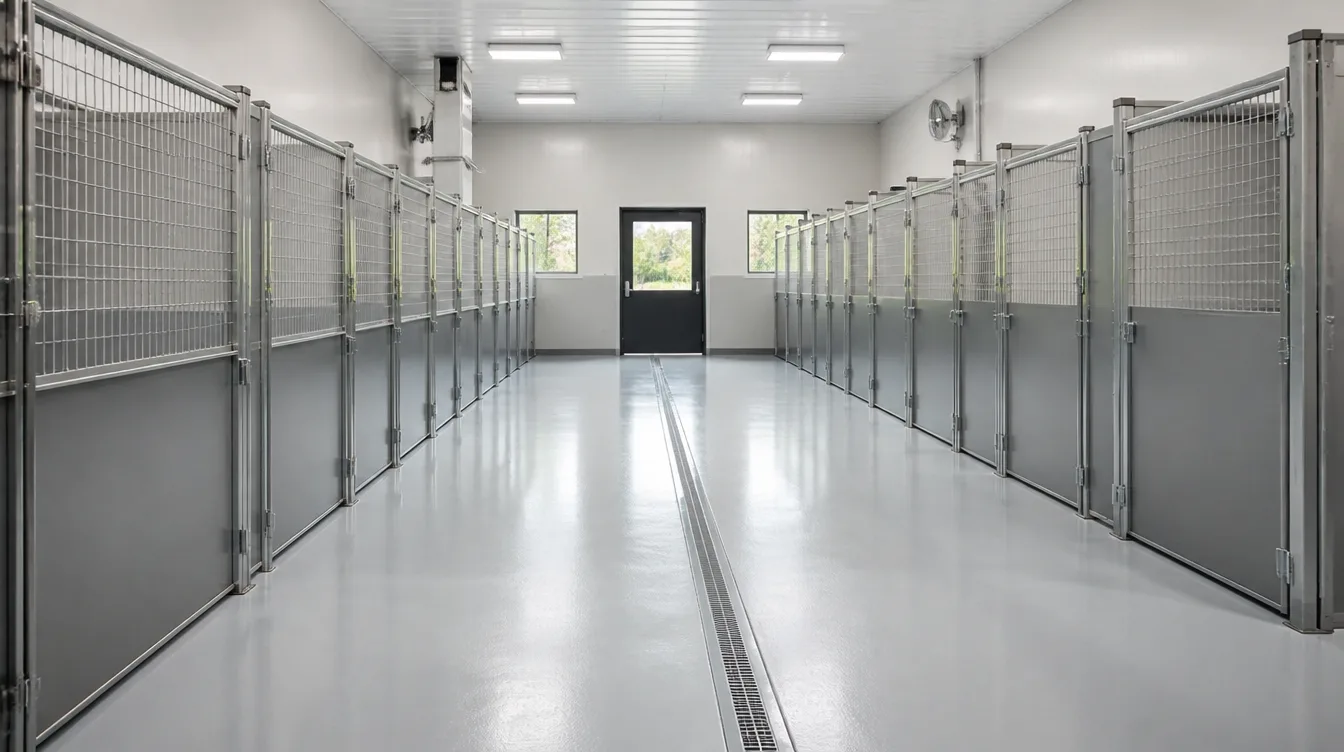 Empty animal boarding corridor with a seamless light gray resin floor, a stainless trench drain down the center and kennel runs on both sides