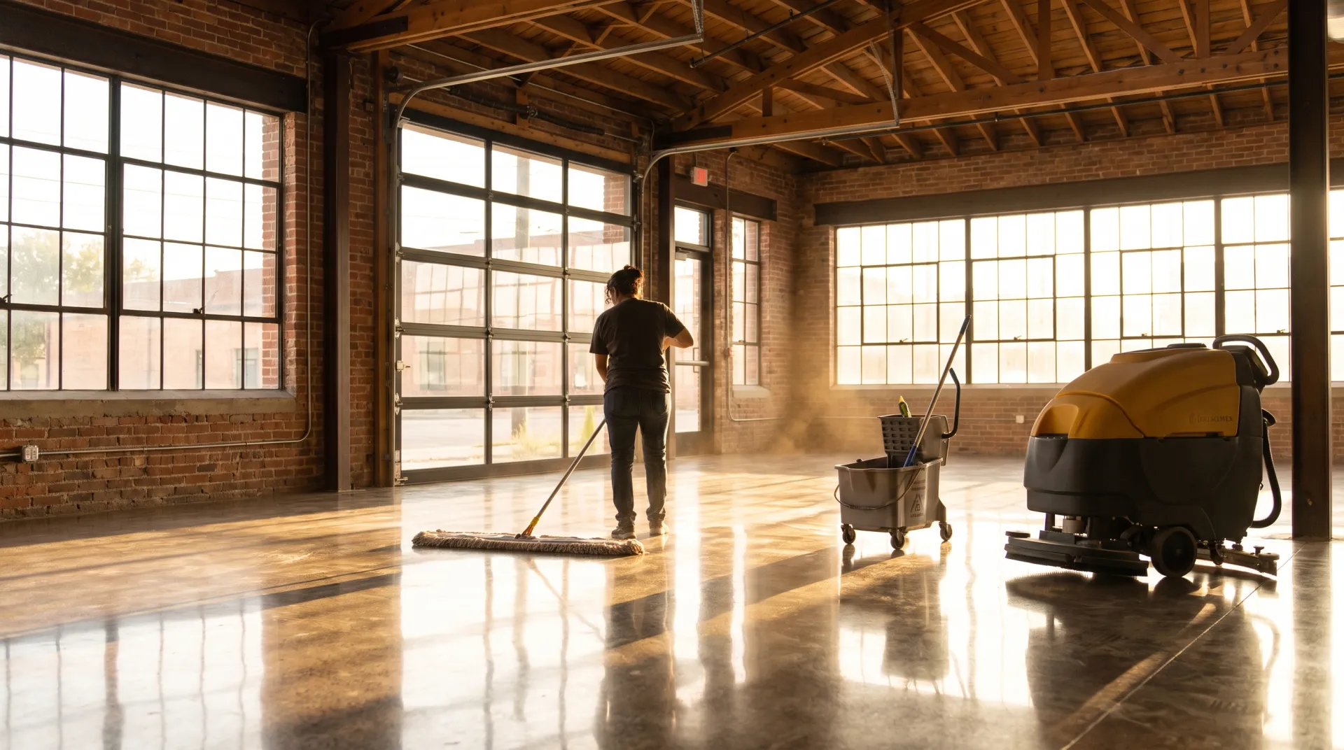Dust mopping a polished concrete floor in a San Antonio commercial building