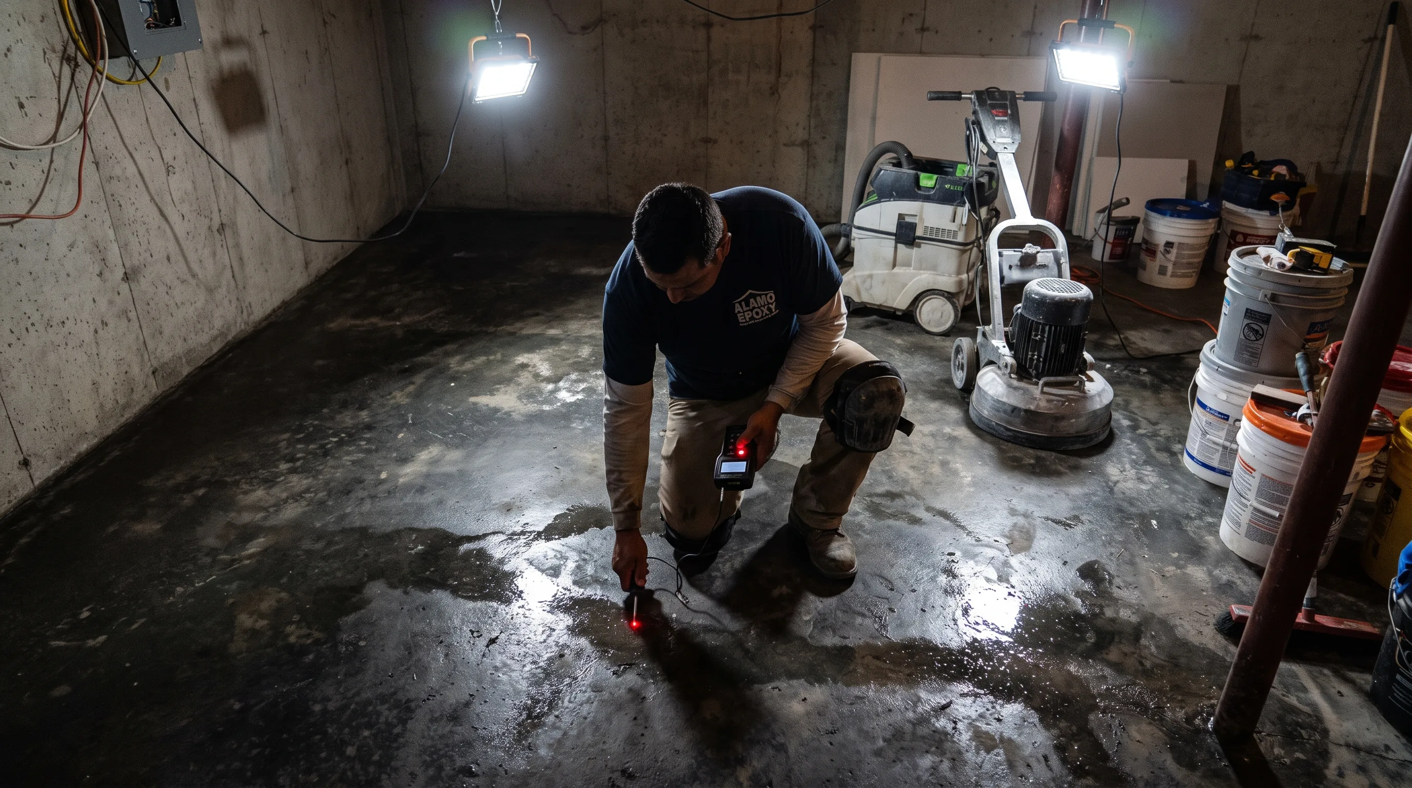 Moisture testing basement epoxy San Antonio