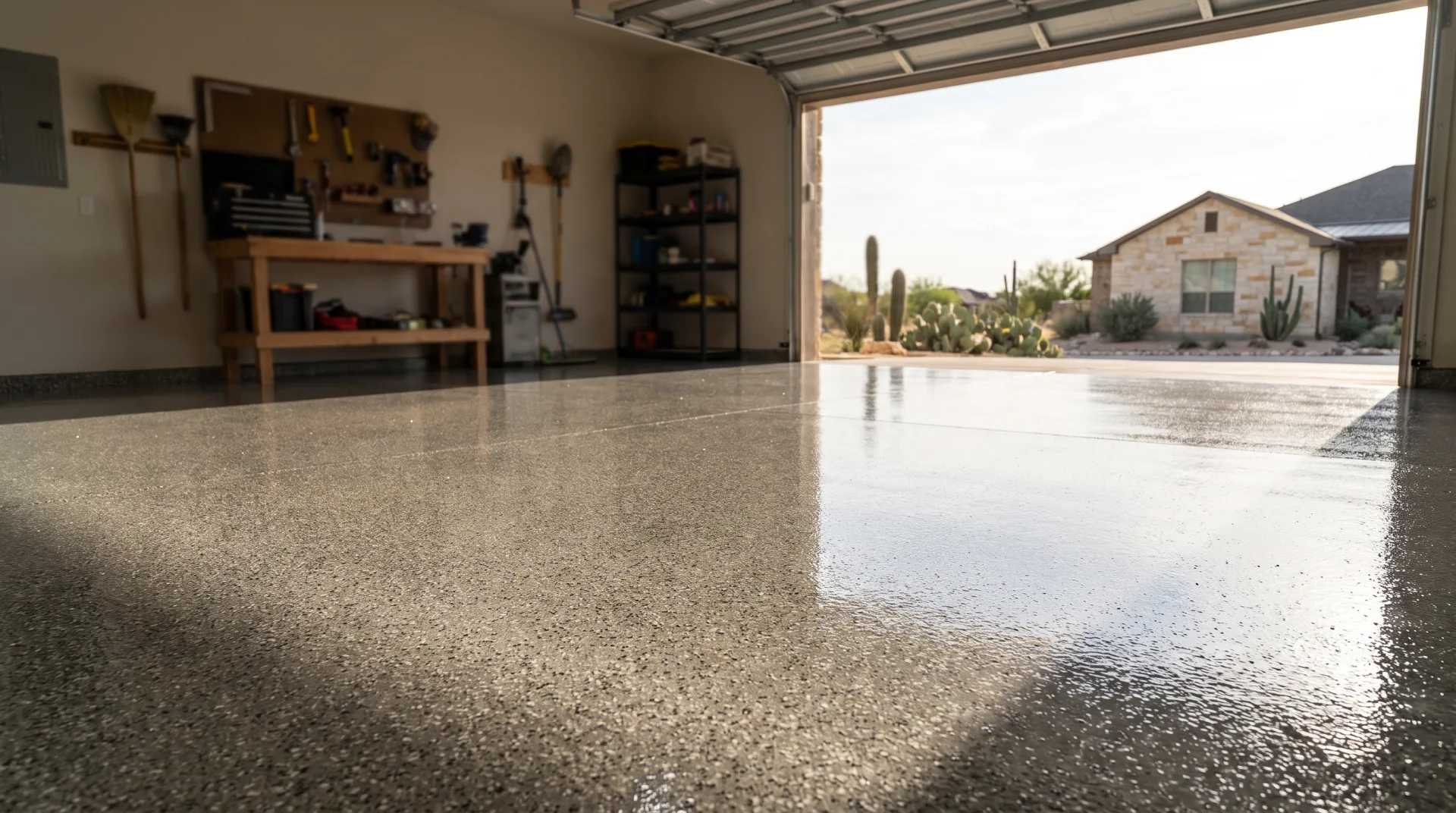 Freshly finished polyaspartic garage floor coating in a San Antonio home installed and cured in a single day