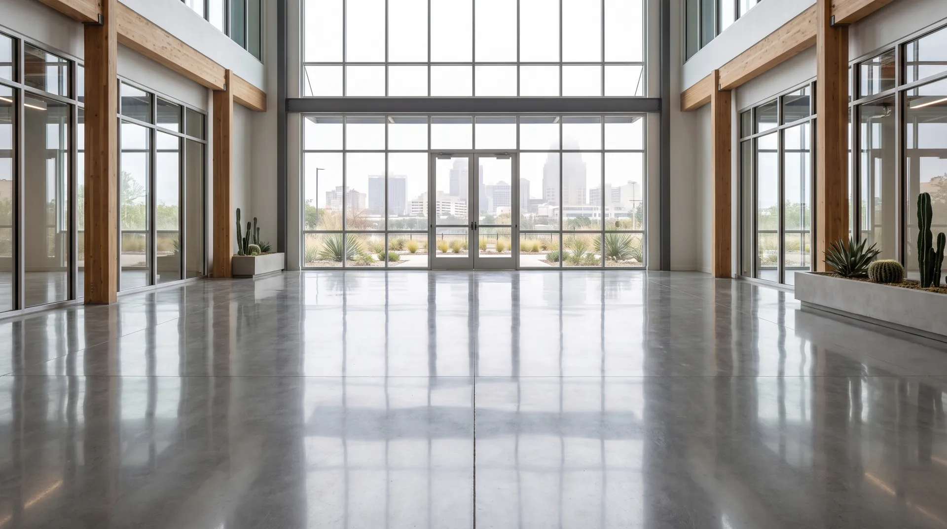 Polished concrete floor in a San Antonio commercial building lobby