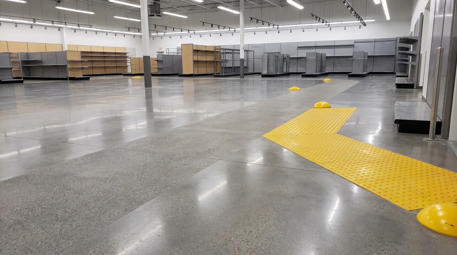 Polished concrete retail floor with slip-resistant walkway markings in a San Antonio commercial space