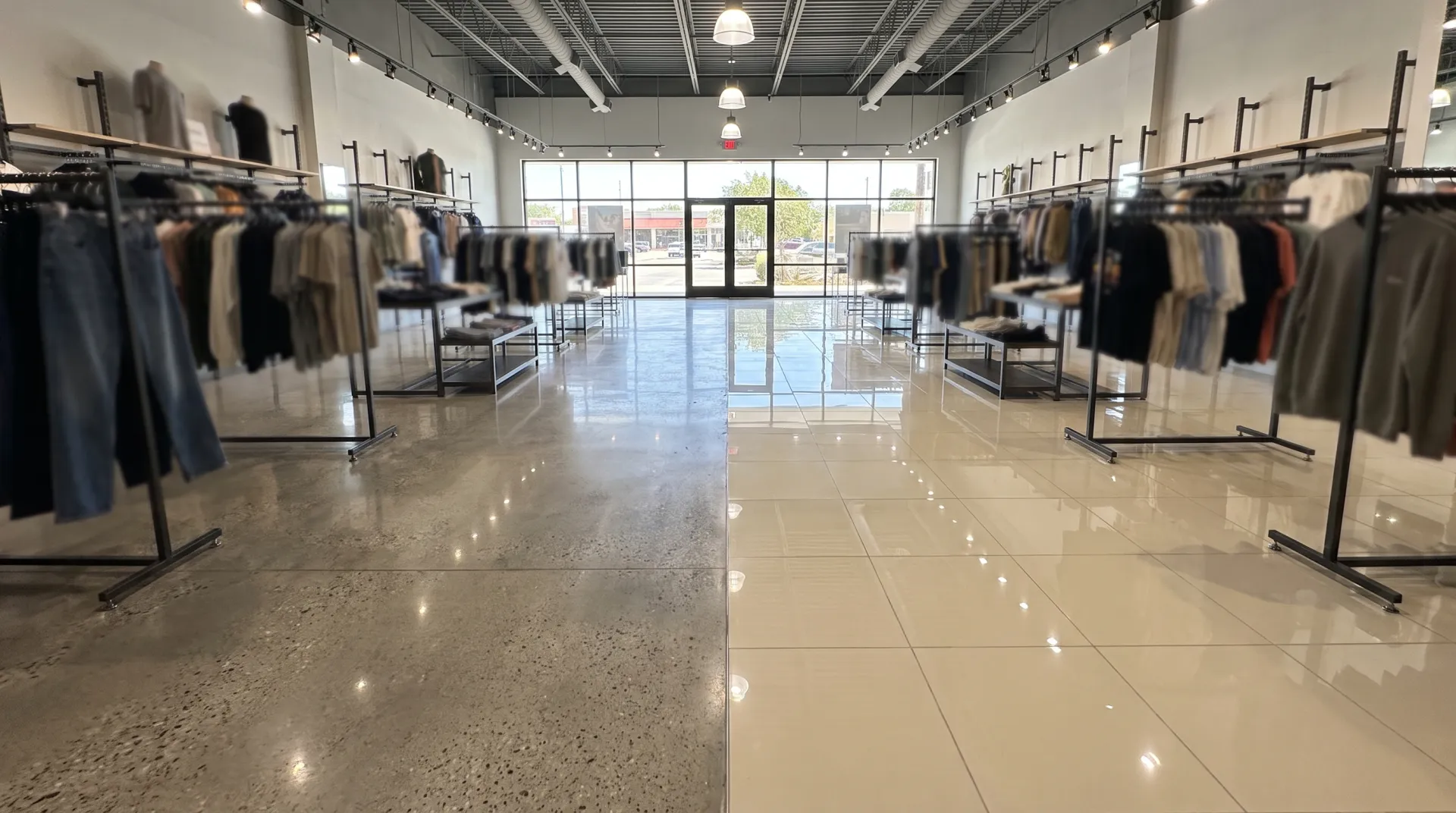 Polished concrete and polished porcelain flooring comparison in a San Antonio retail store