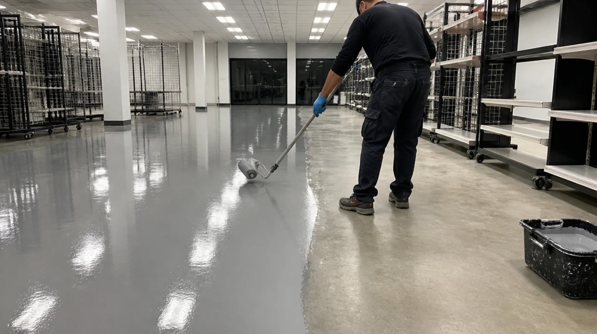 Overnight polyaspartic floor coating installation in a San Antonio retail store with rolling fixtures
