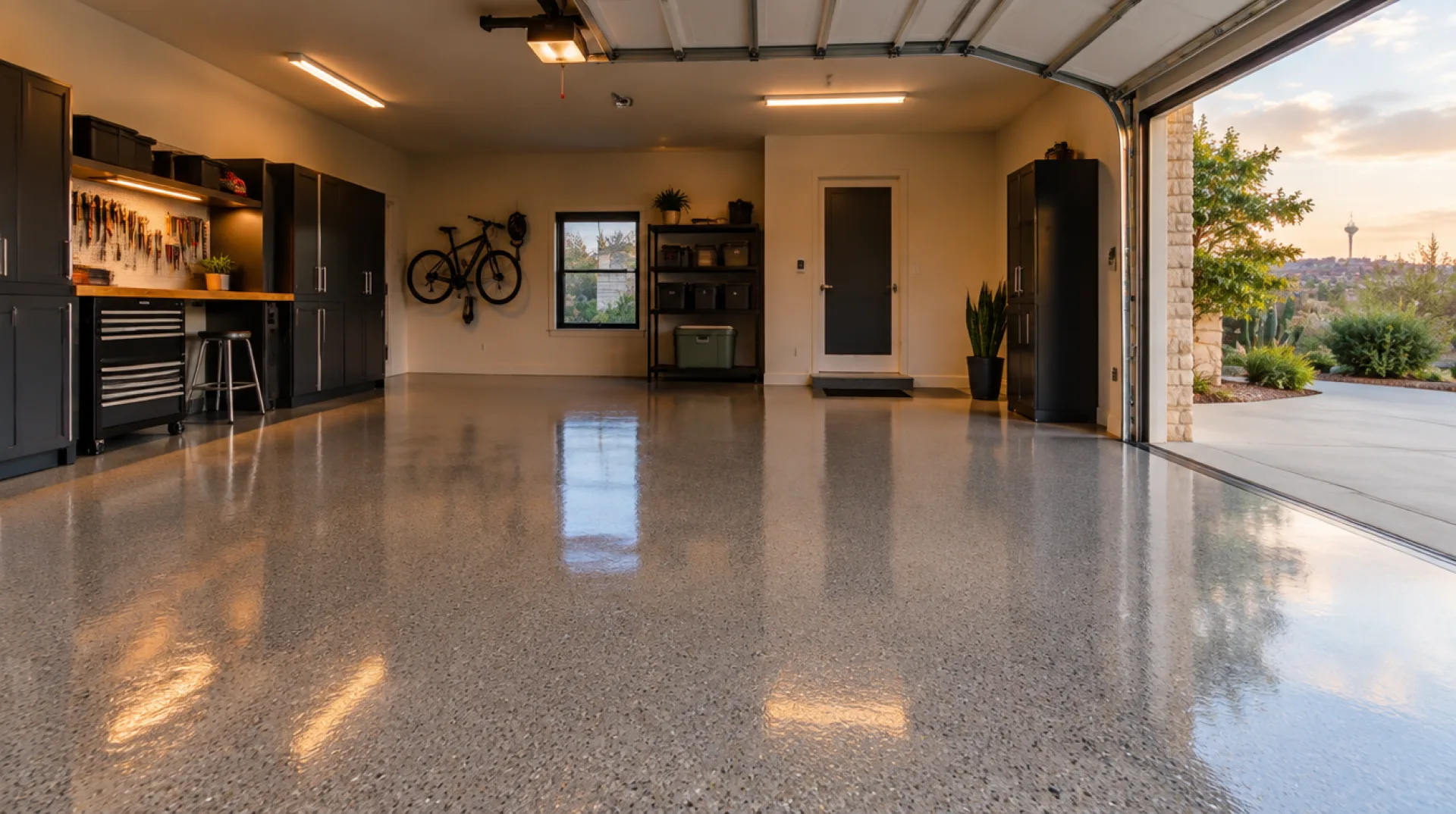 Polyaspartic floor coating installed in a San Antonio garage with glossy speckled finish