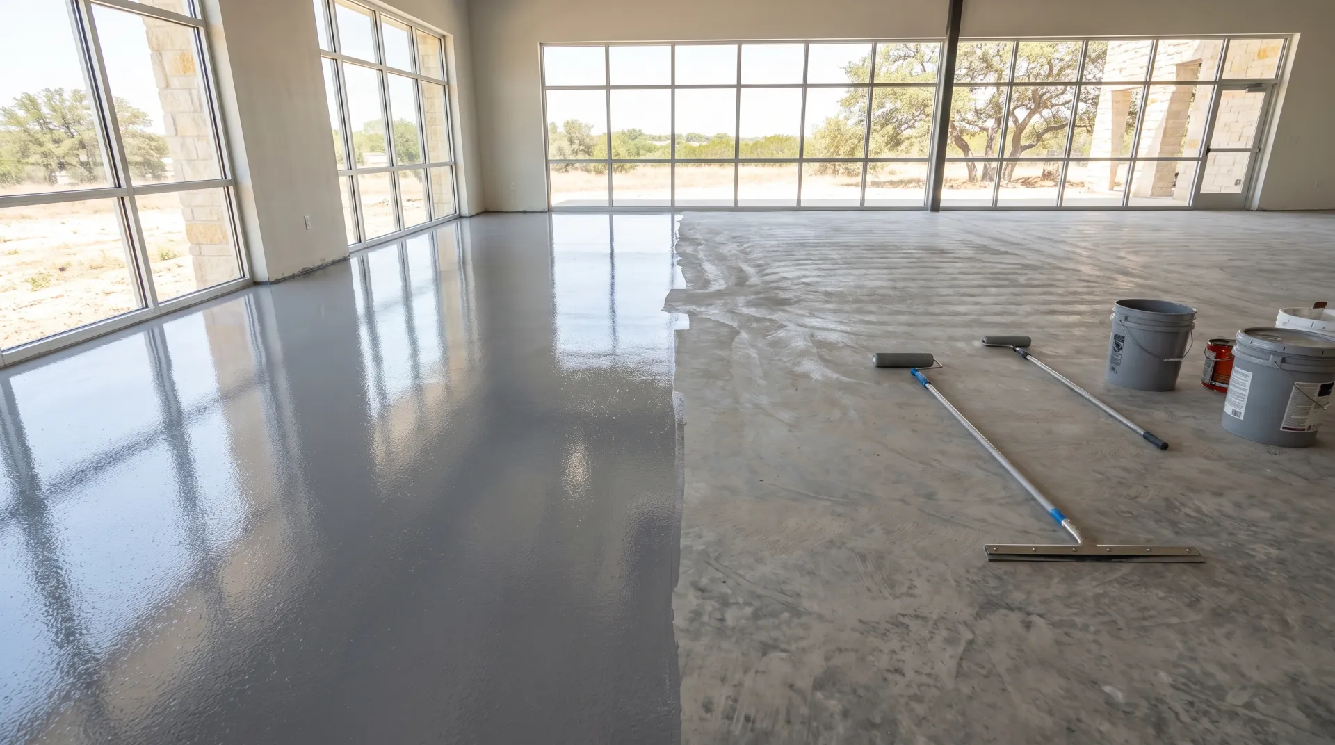 Polyaspartic commercial floor coating installation in a San Antonio business