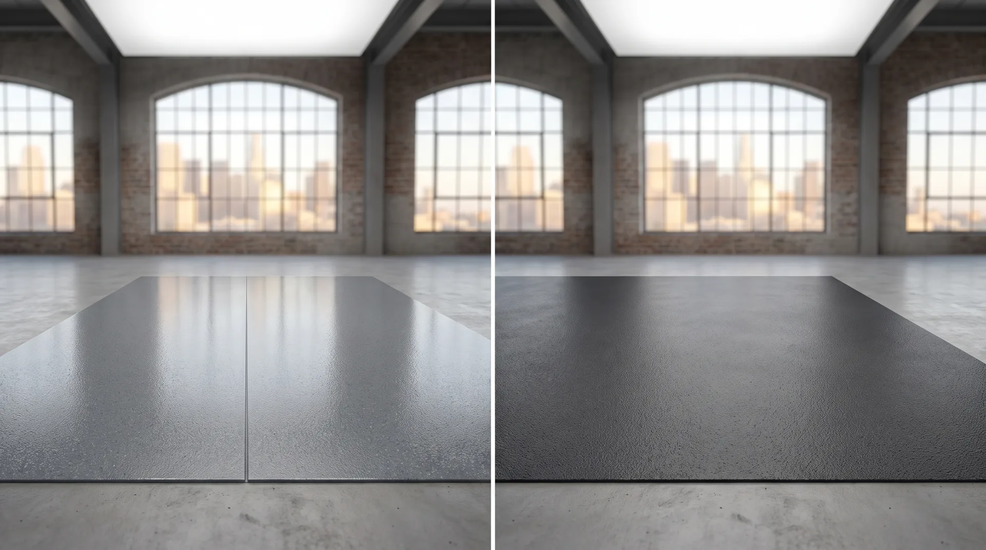Side by side comparison of polyaspartic and polyurea floor coating samples for a San Antonio flooring project