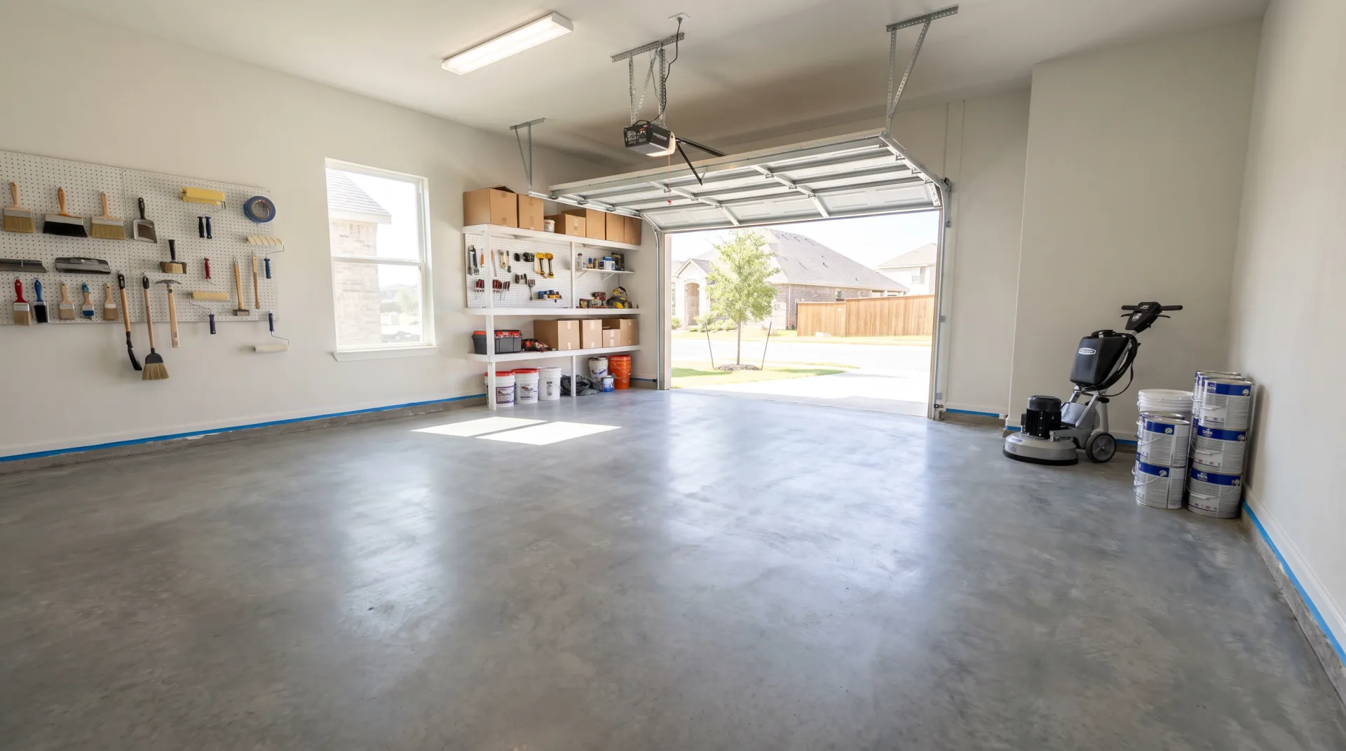 Empty San Antonio garage cleared and ready for epoxy floor installation with tools organized on wall shelving