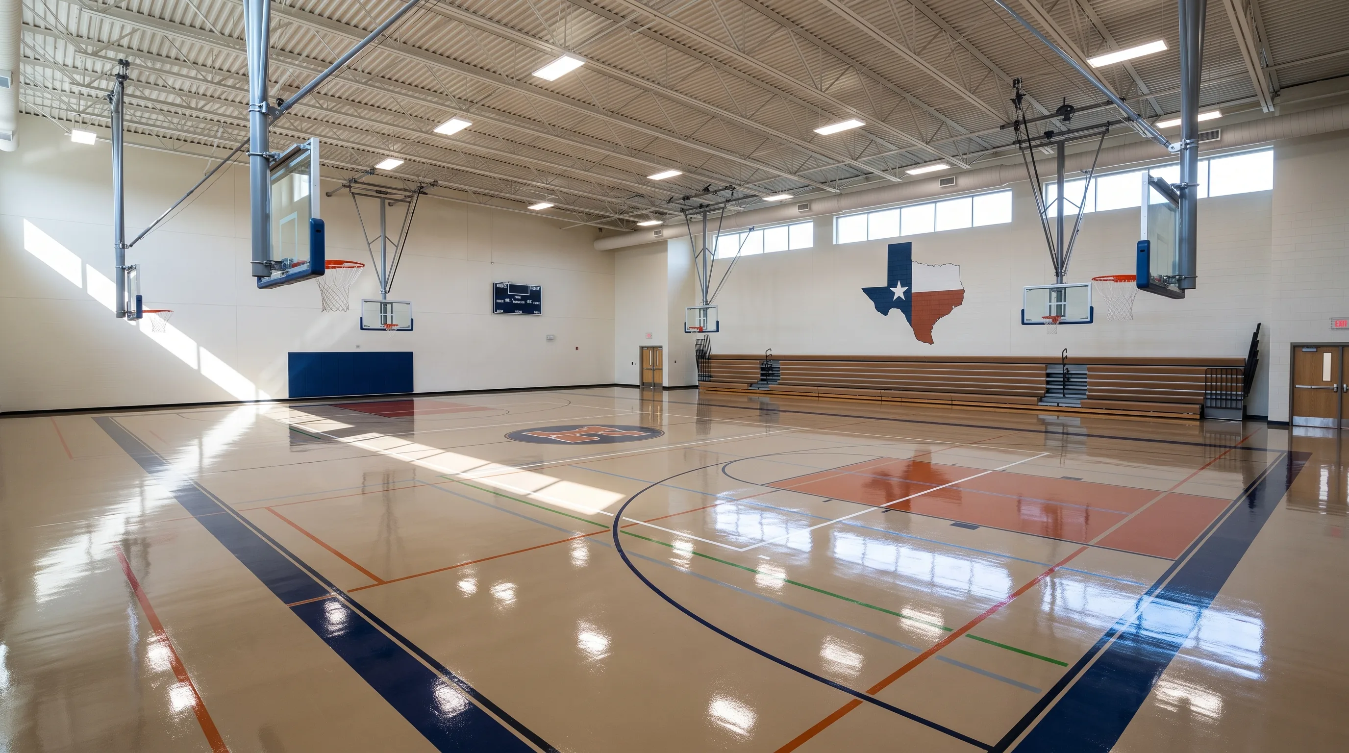School gymnasium epoxy floor with painted sports court lines in San Antonio