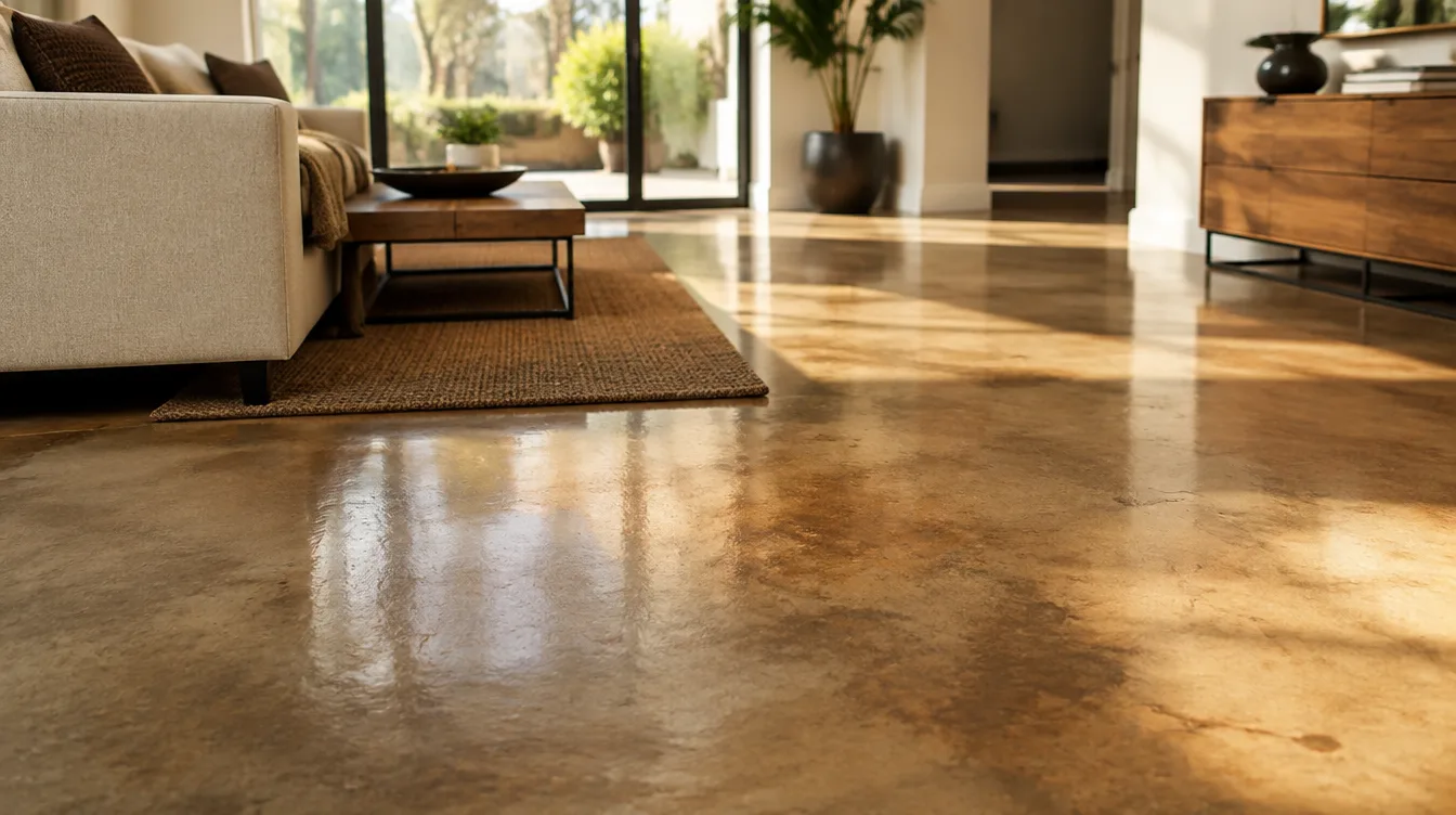 Richly variegated amber and umber acid-stained concrete floor in a San Antonio living room with afternoon light across the sealed surface