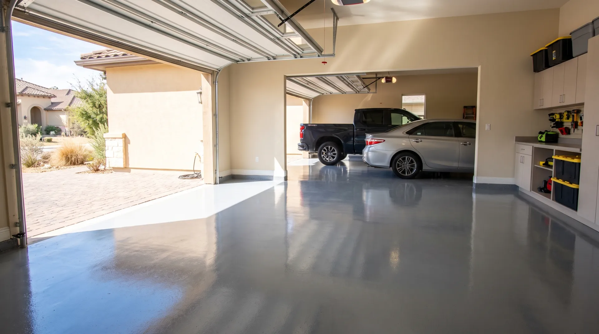 Two-car garage with glossy epoxy floor coating in a San Antonio home