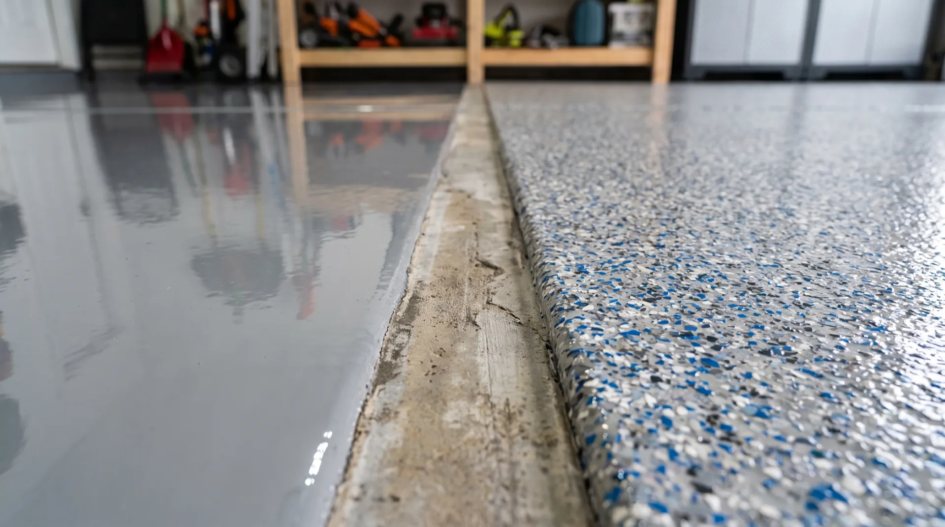Close-up comparison of two epoxy floor coating systems on a San Antonio floor