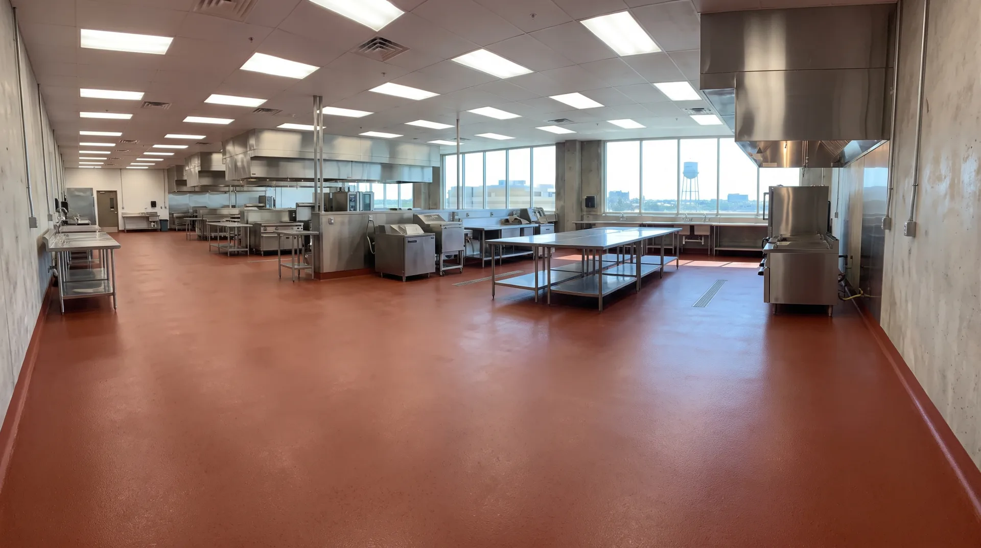 Freshly installed urethane cement flooring in a San Antonio commercial kitchen with stainless steel equipment