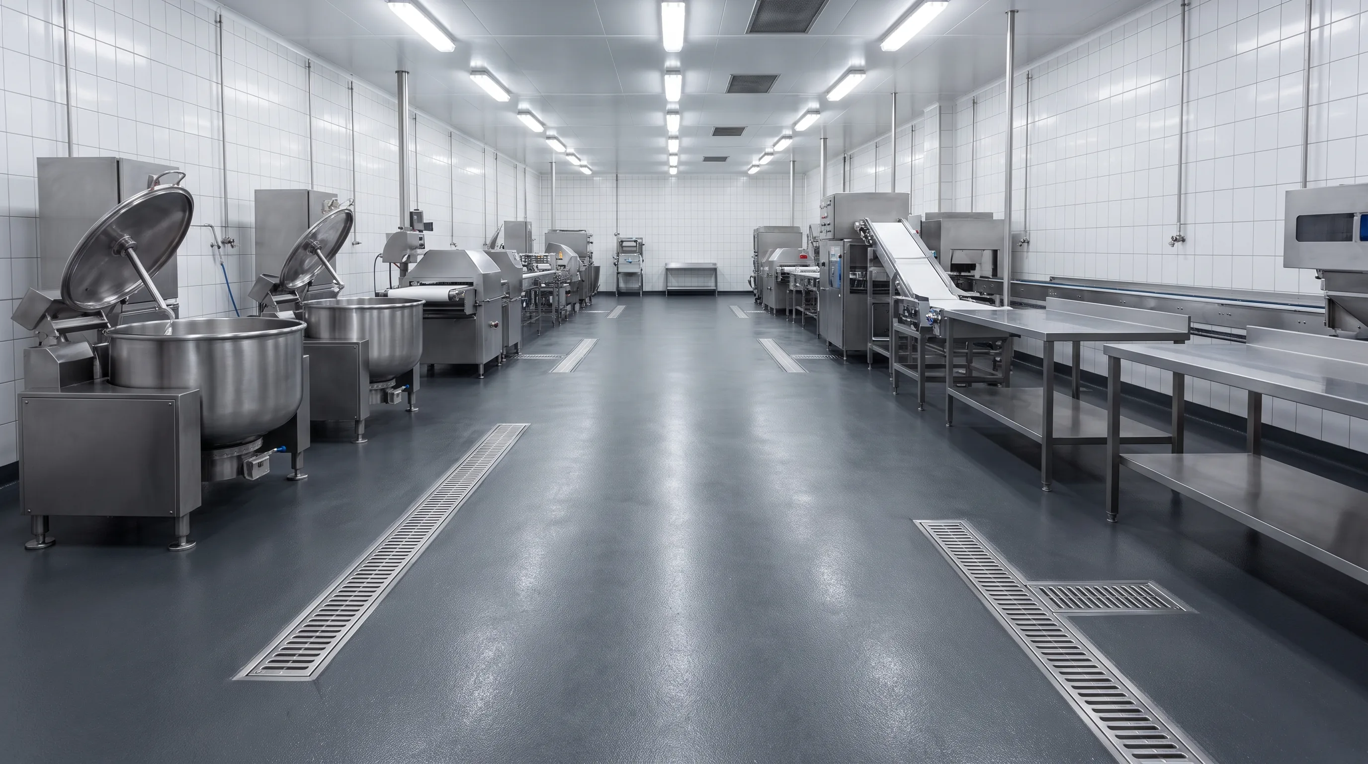 Seamless urethane cement flooring installed in a San Antonio food processing facility with cove base and drain slope