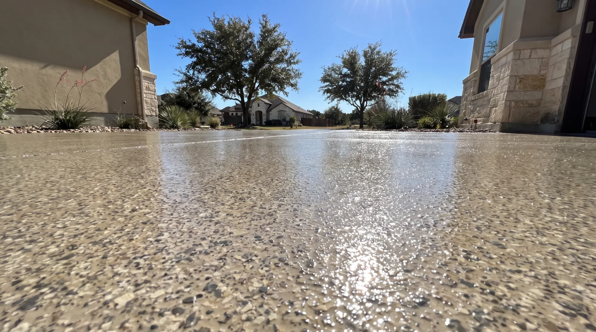 Sun-exposed polyaspartic coated concrete surface in San Antonio daylight