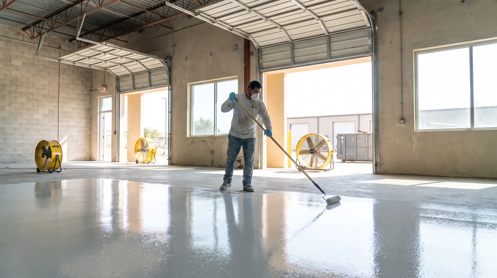 Low-VOC epoxy floor coating application with ventilation fans in a San Antonio facility
