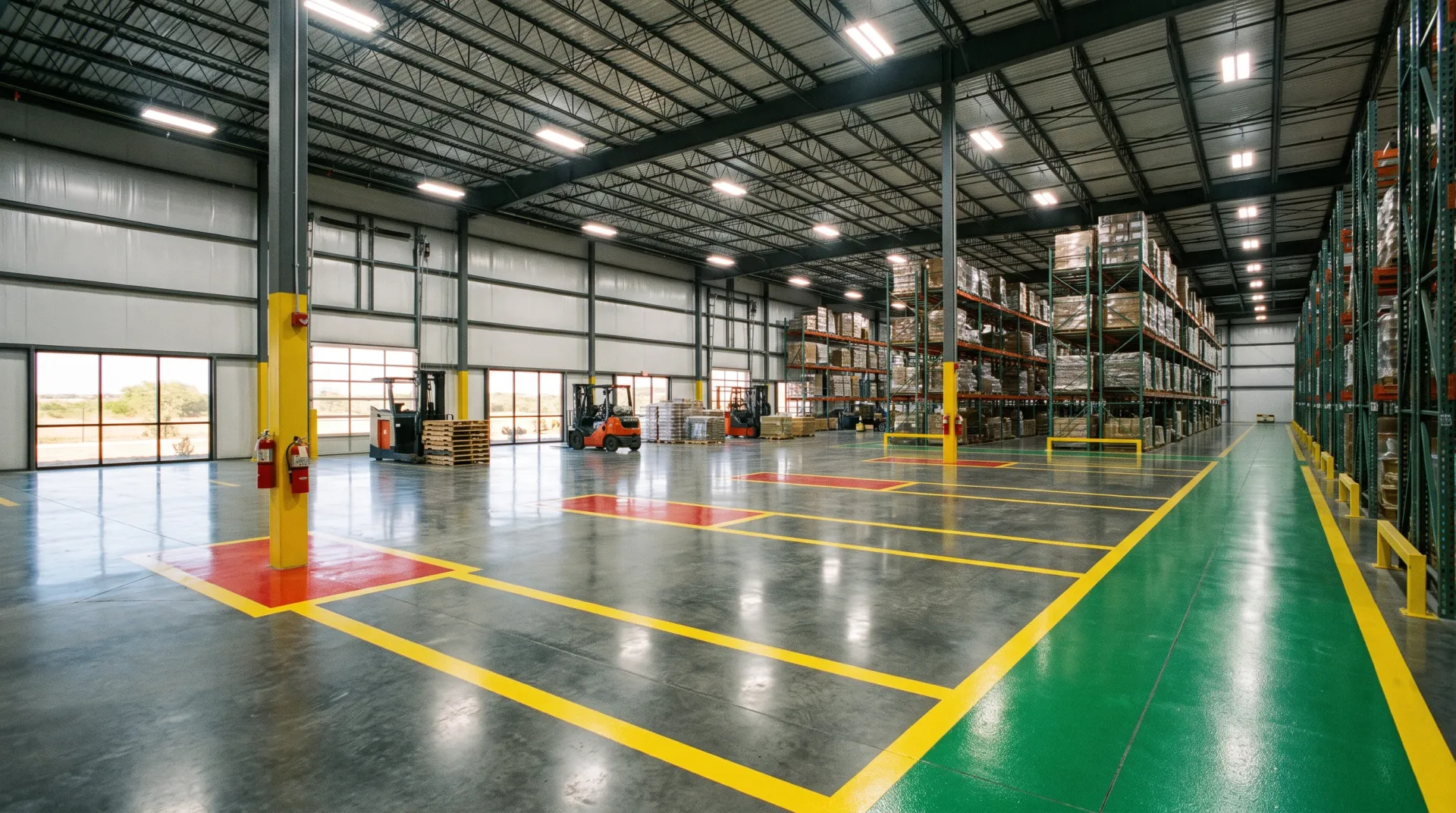 Color-coded epoxy floor safety zones in a San Antonio warehouse