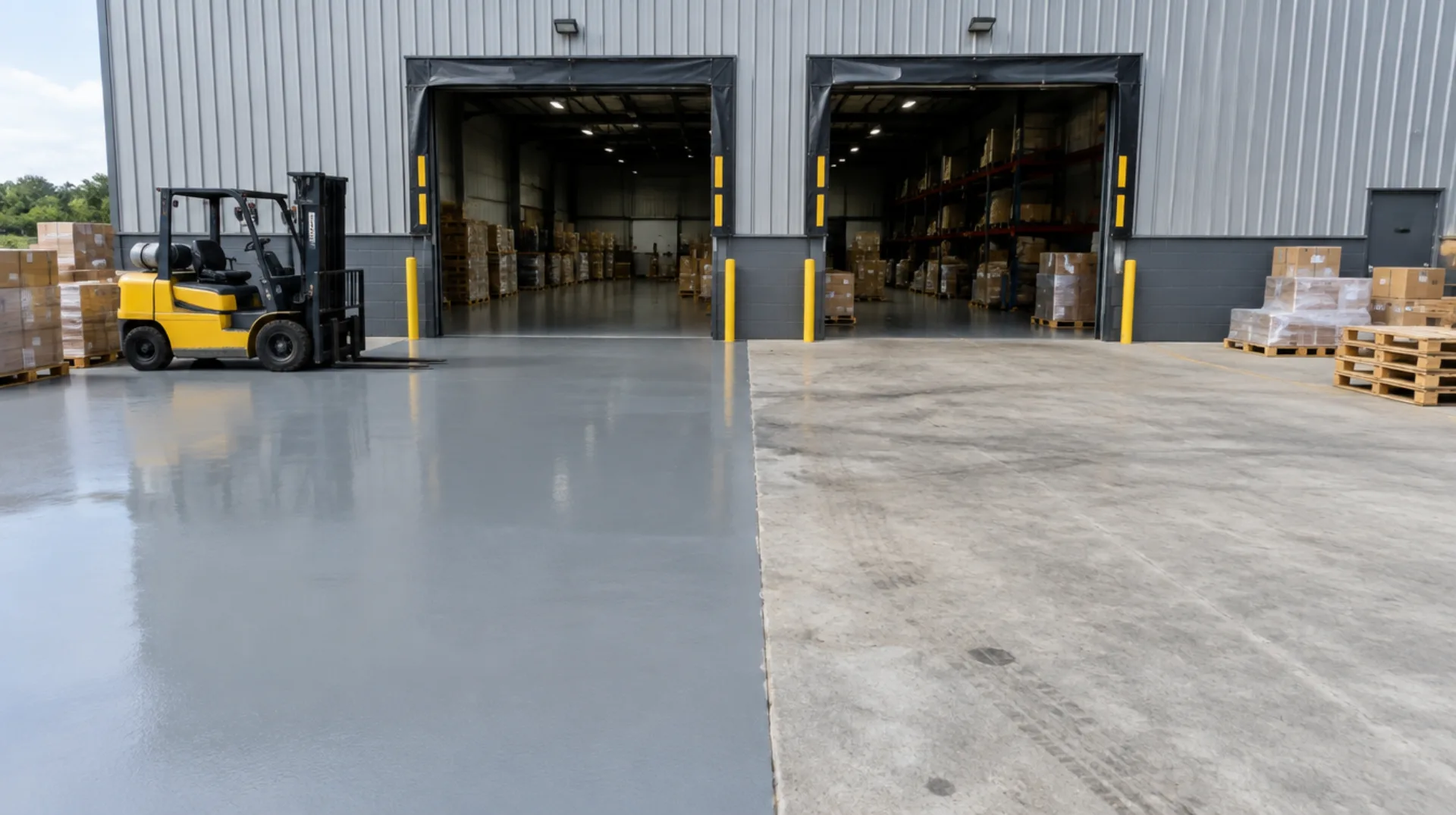 San Antonio warehouse loading dock with one section of floor freshly coated with epoxy and the rest still in operation