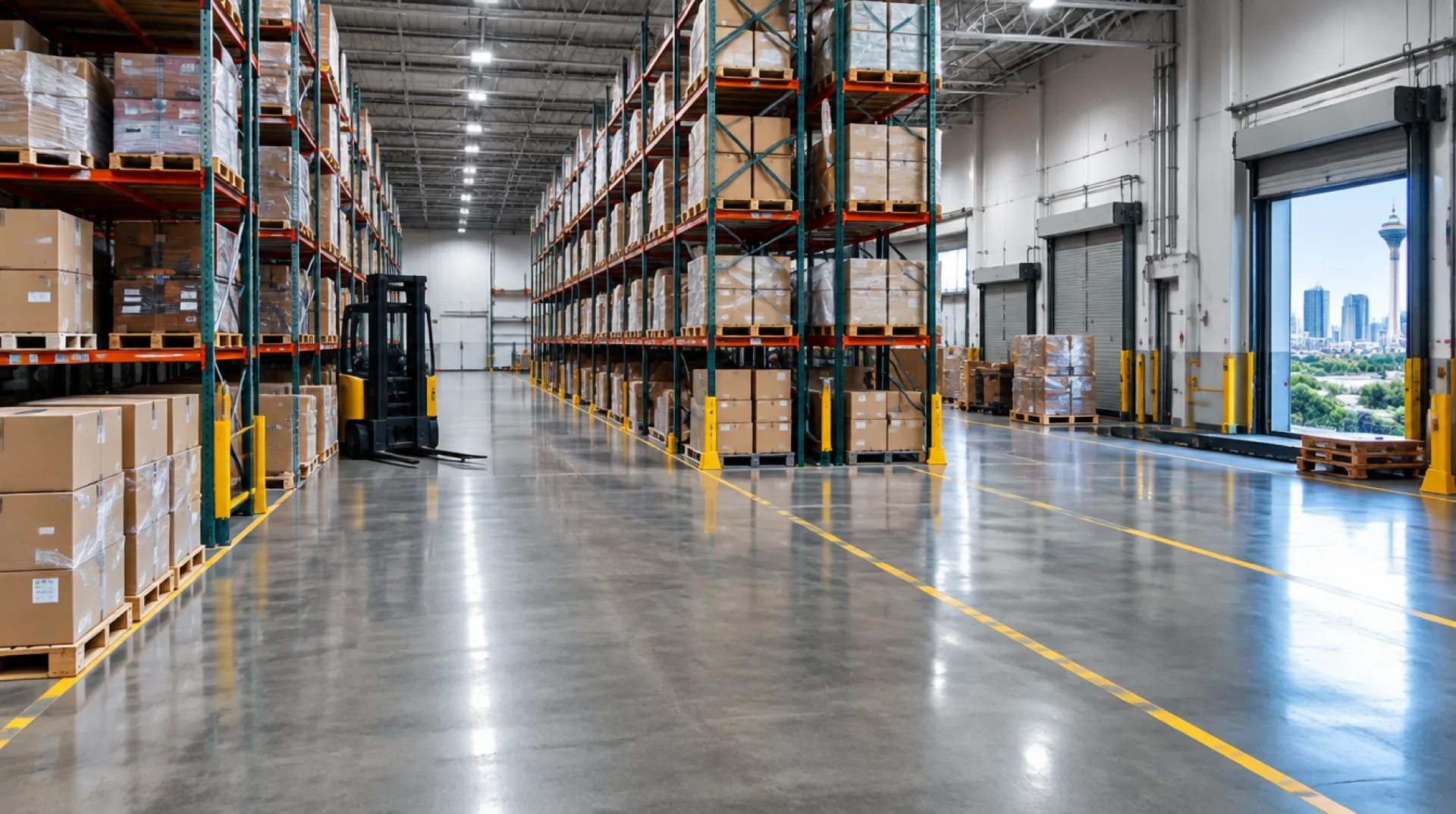 Forklift moving pallets down a sealed warehouse floor aisle in a San Antonio fulfillment center