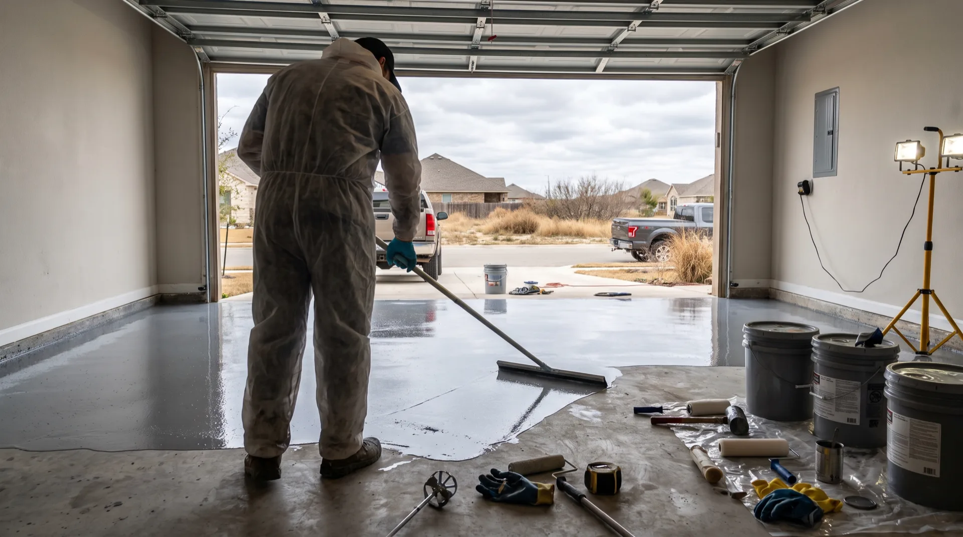 Installer applying epoxy floor coating in a San Antonio garage with garage door open to the driveway