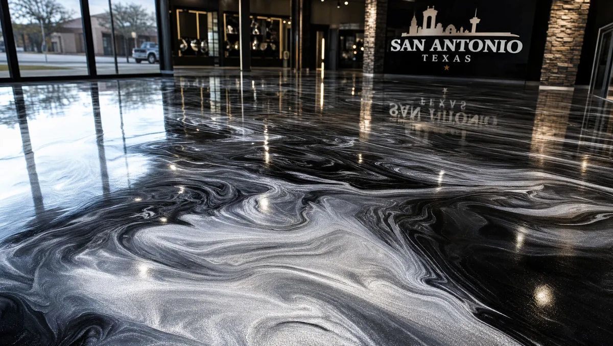 Swirling silver and black metallic epoxy floor with deep gloss reflections in a luxury San Antonio showroom