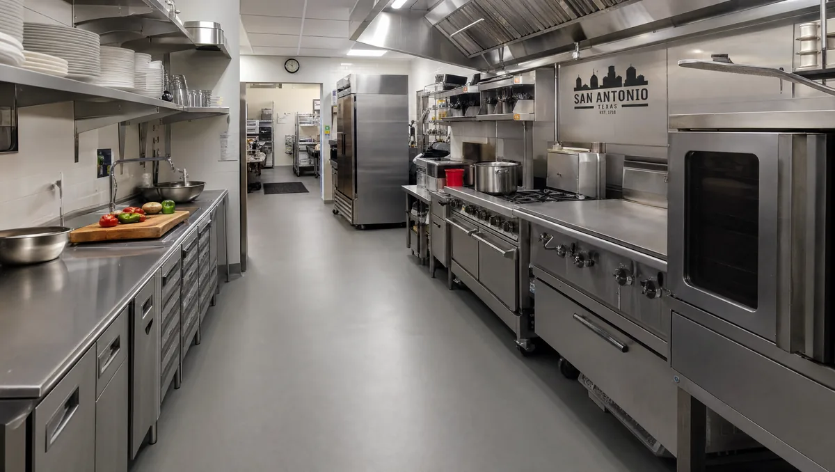 Commercial kitchen in San Antonio with seamless matte urethane cement floor and stainless steel equipment