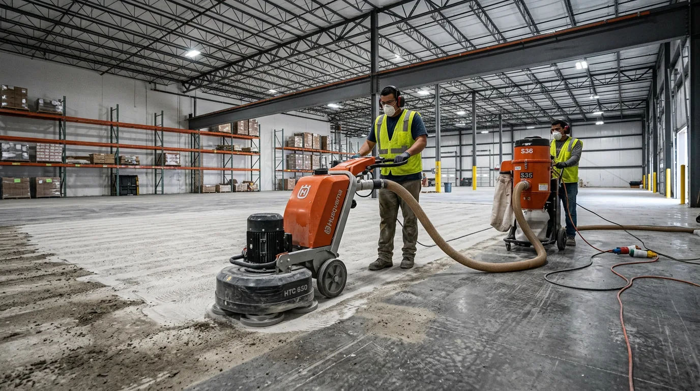 Diamond grinder preparing concrete floor surface profile for epoxy coating installation in San Antonio
